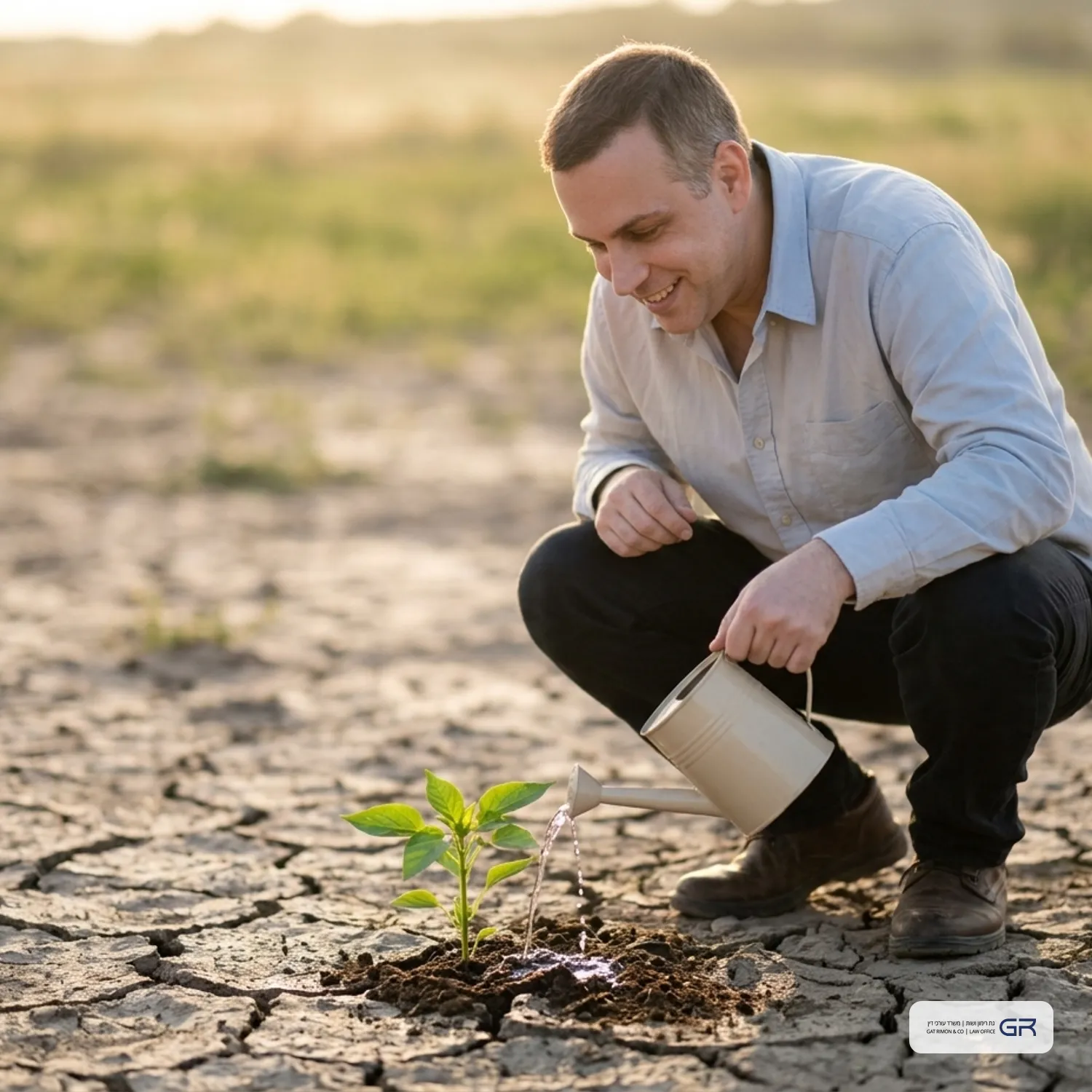 תמונה ריאליסטית של אדם המשקה צמח ירוק ורענן שצומח מתוך אדמה סדוקה ויבשה, מסמל התחלה חדשה וצמיחה, עם אור שמש רך ברקע