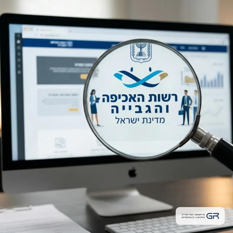 איור של זכוכית מגדלת המתמקדת במסך מחשב המציג את האתר של רשות האכיפה והגבייה.