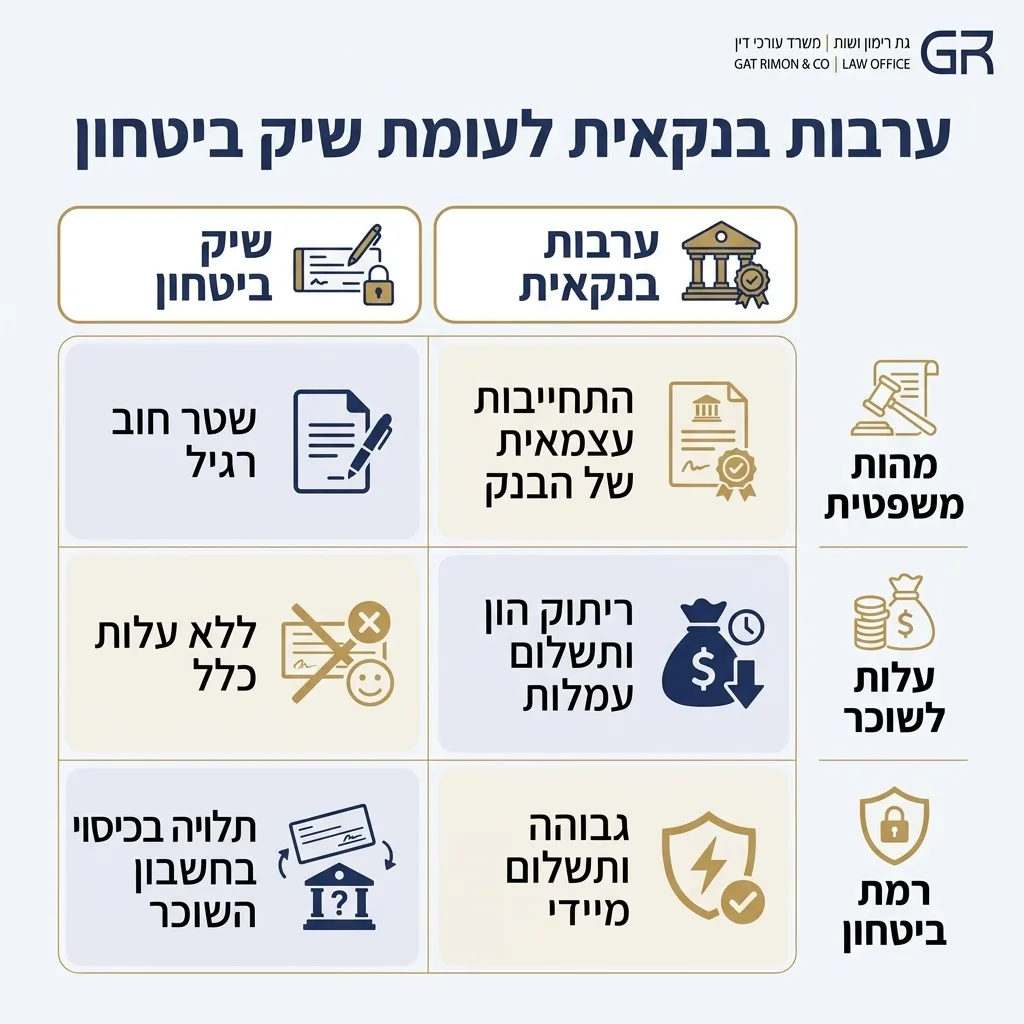 אינפוגרפיקה — ערבות בנקאית לעומת שיק ביטחון: השוואה בין ערבות בנקאית, שיק ביטחון