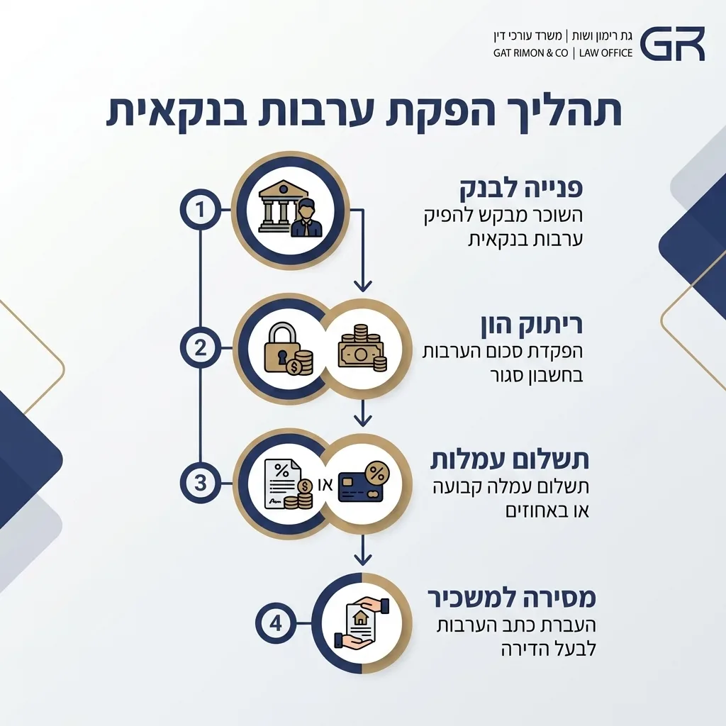 אינפוגרפיקה — תהליך הפקת ערבות בנקאית: פנייה לבנק, ריתוק הון, תשלום עמלות, מסירה למשכיר