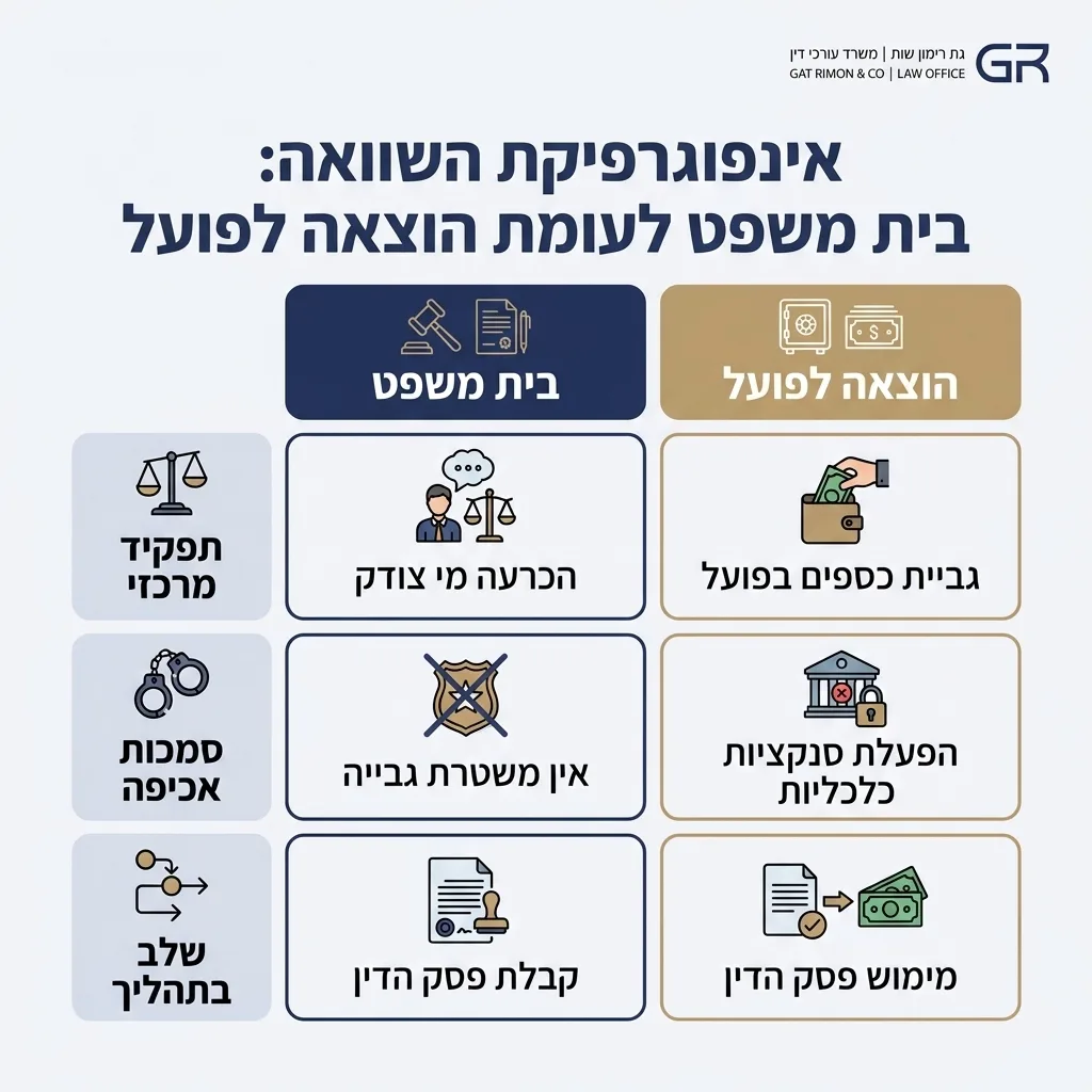 אינפוגרפיקה — בית משפט לעומת הוצאה לפועל: השוואה בין בית משפט, הוצאה לפועל
