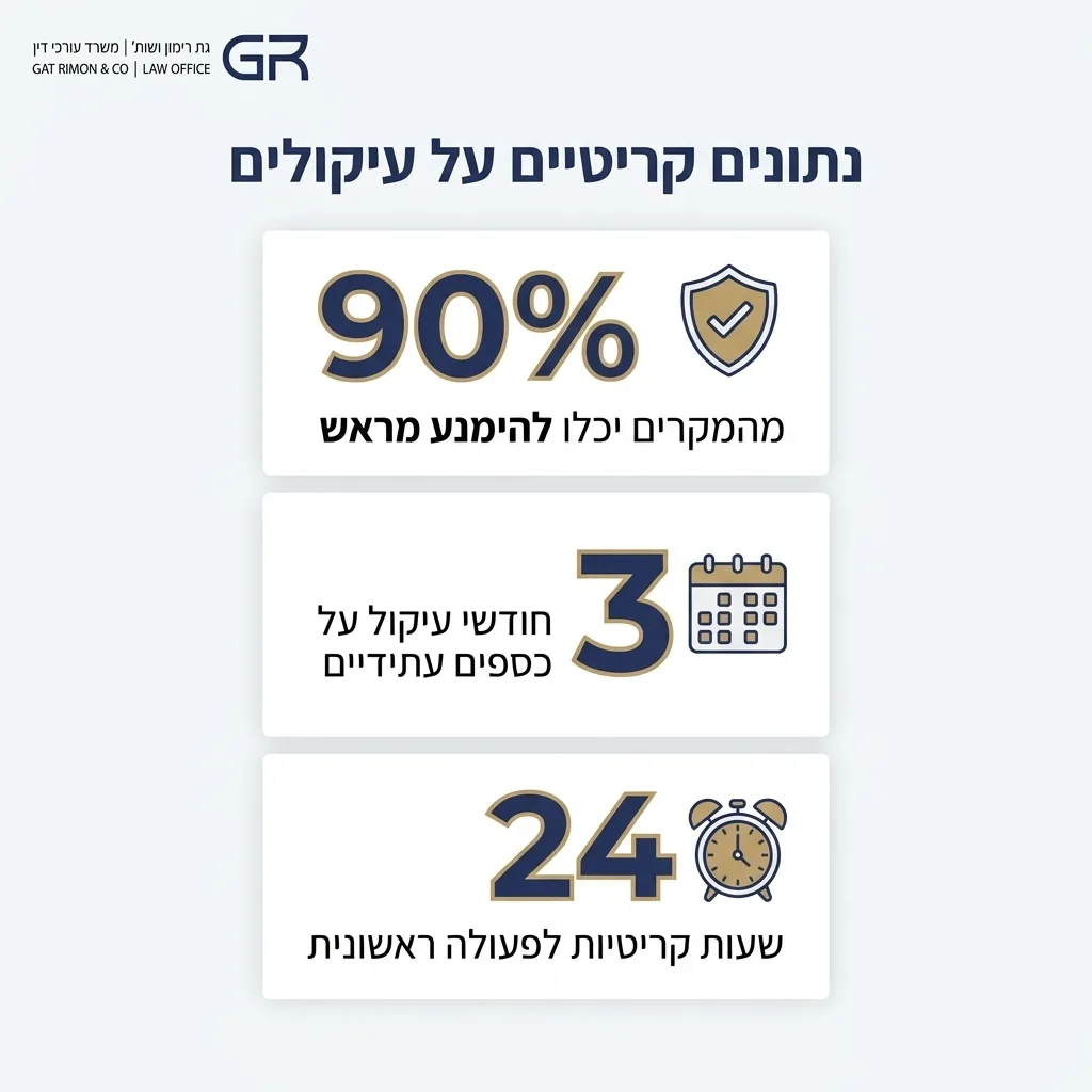 אינפוגרפיקה — נתונים קריטיים על עיקולים: מהמקרים יכלו להימנע מראש, חודשי עיקול על כספים עתידיים, שעות קריטיות לפעולה ראשונית