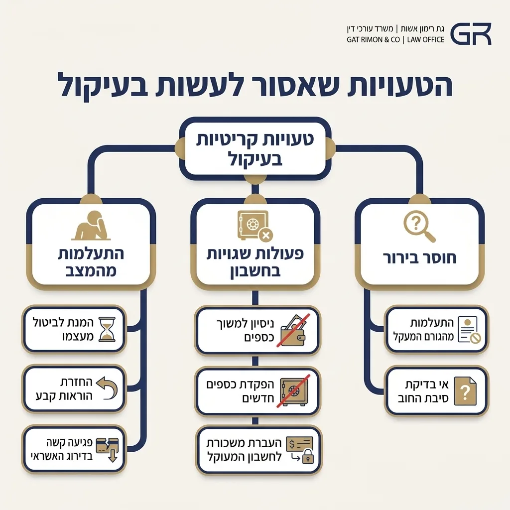 אינפוגרפיקה — הטעויות שאסור לעשות בעיקול: טעויות קריטיות בעיקול