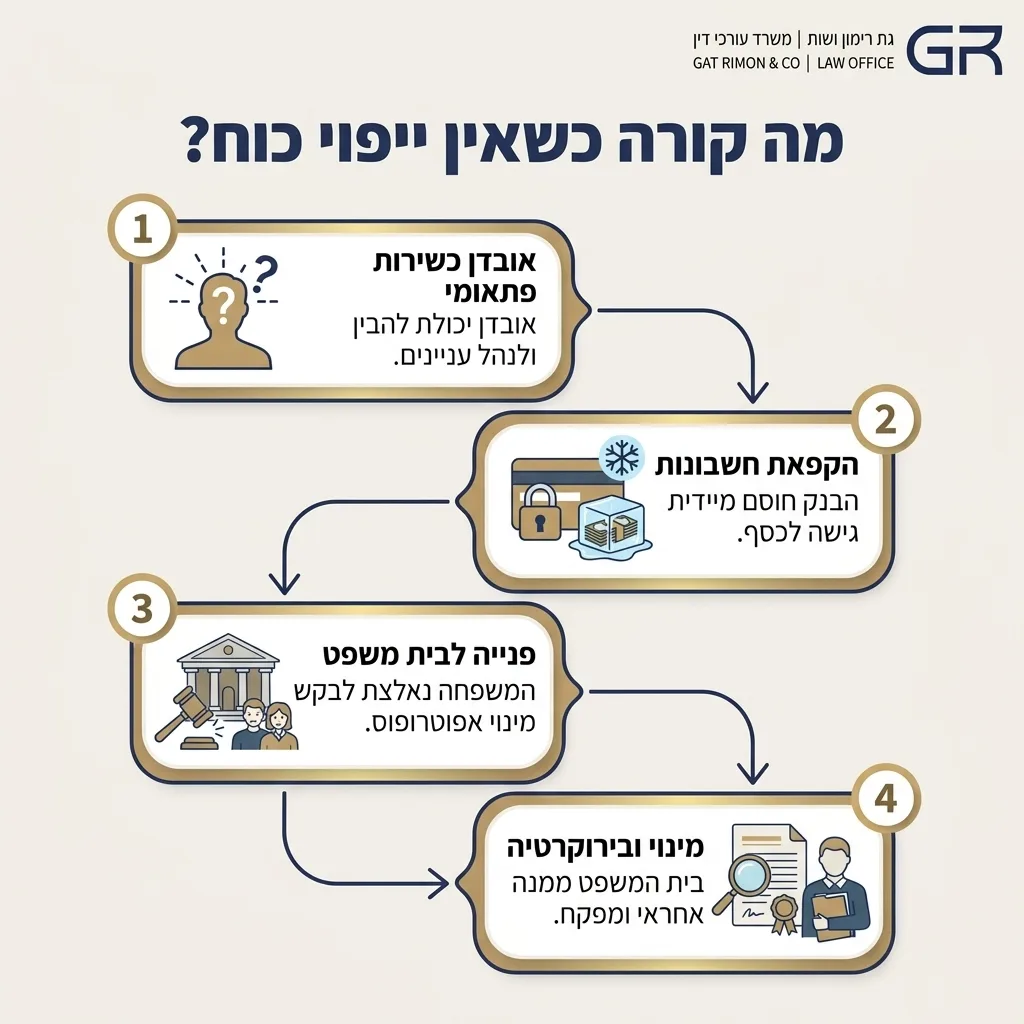 אינפוגרפיקה — מה קורה כשאין ייפוי כוח?: אובדן כשירות פתאומי, הקפאת חשבונות, פנייה לבית משפט, מינוי ובירוקרטיה